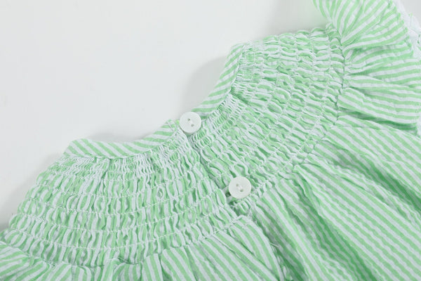 Green Seersucker Bunny Smocked Flutter Bubble  Romper