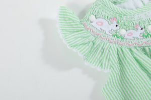 Green Seersucker Bunny Smocked Flutter Bubble  Romper