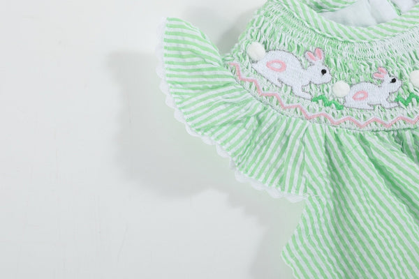 Green Seersucker Bunny Smocked Flutter Bubble  Romper