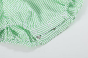 Green Seersucker Bunny Smocked Flutter Bubble  Romper
