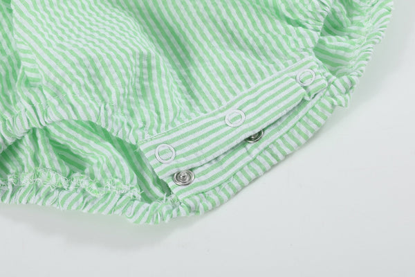 Green Seersucker Bunny Smocked Flutter Bubble  Romper