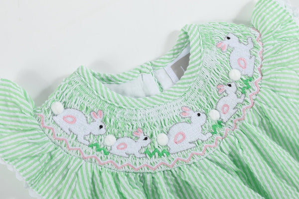 Green Seersucker Bunny Smocked Flutter Bubble  Romper