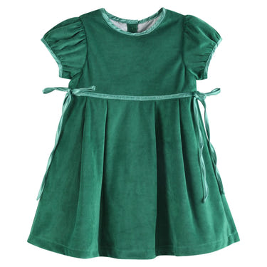 Green velvet and satin bow Christmas dress for babies, perfect for festive occasions.