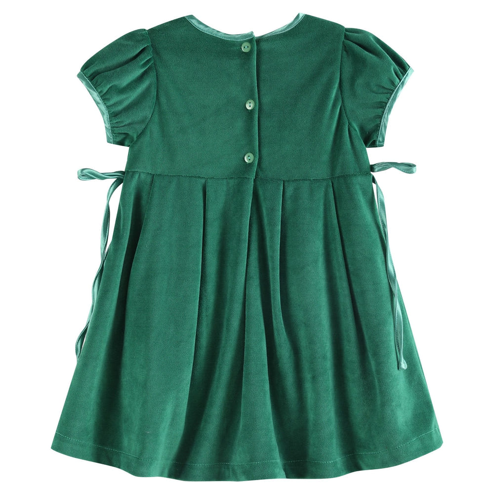 Green velvet and satin bow Christmas dress for babies, perfect for festive occasions.