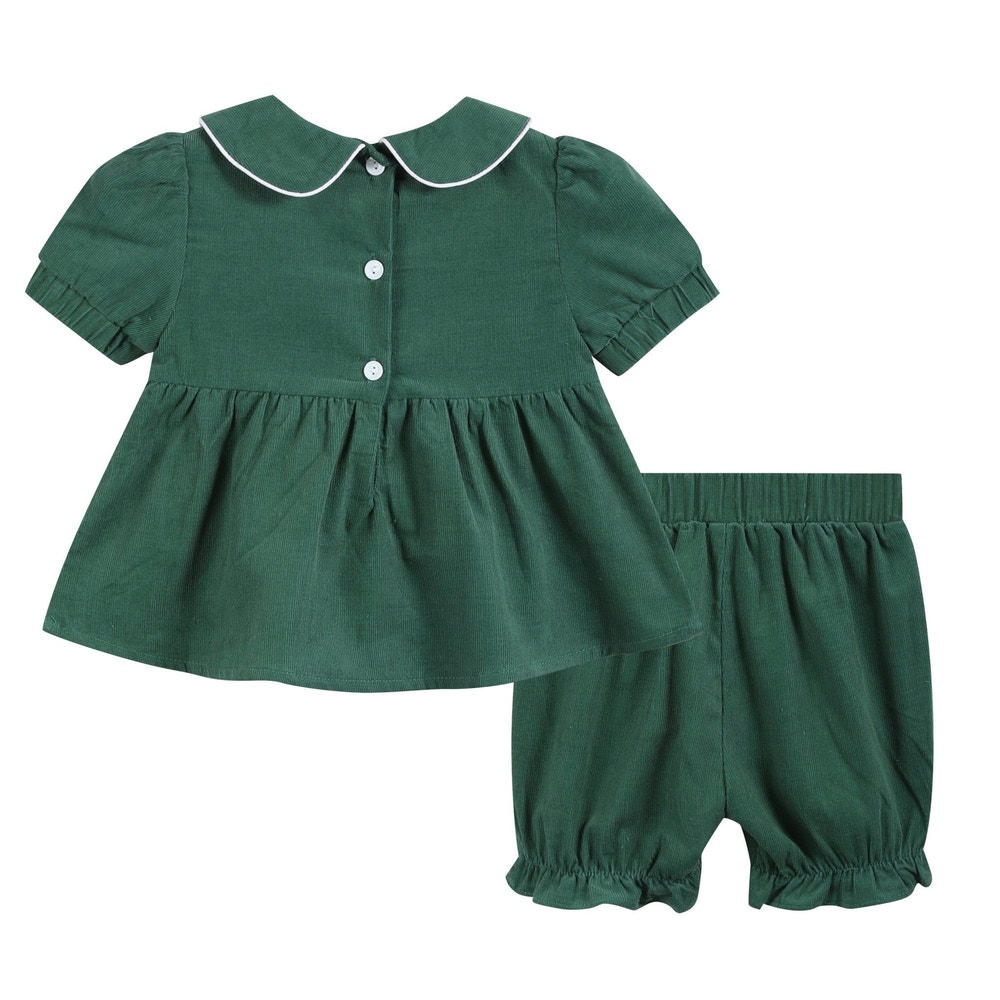 Green Corduroy Santa Smocked Dress and Bloomers