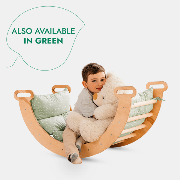 5in1 Montessori climbing set with triangle ladder, arch rocker, slide board, netting rope, and cushion for active play.