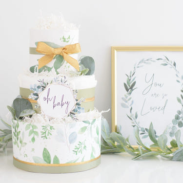 Greenery Diaper Cake - a beautiful, eco-friendly diaper cake for baby showers and new parents.