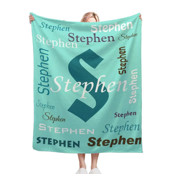 Your Letter & Name, Personalized Name Blanket, Soft Flannel Fleece Throw, Mint Green Navy