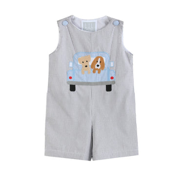 Grey gingham shortalls featuring cute puppies in a truck, perfect for babies.