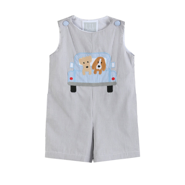 Grey gingham shortalls featuring cute puppies in a truck, perfect for babies.