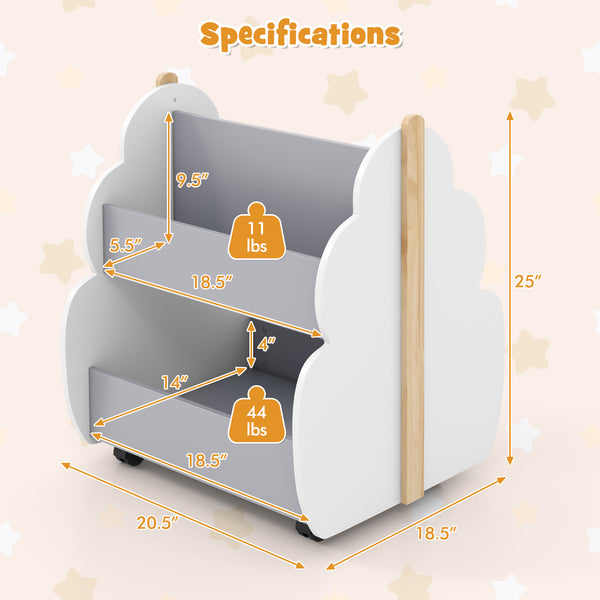 Kids wooden bookshelf with universal wheels in white, perfect for organizing bedding and sleep essentials. Angle 13 view.