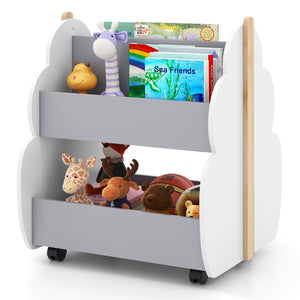 Kids wooden bookshelf with universal wheels in white, perfect for organizing bedding and sleep essentials.