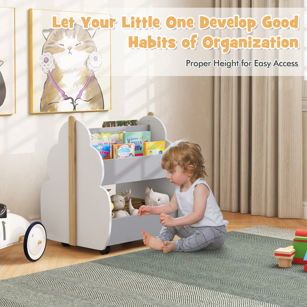 Kids wooden bookshelf with universal wheels in white, angled view, perfect for bedding and sleep organization.