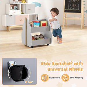 Kids wooden bookshelf with universal wheels in white, angled view, perfect for bedding and sleep organization.
