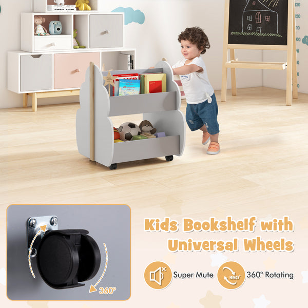 Kids wooden bookshelf with universal wheels in white, angled view, perfect for bedding and sleep organization.