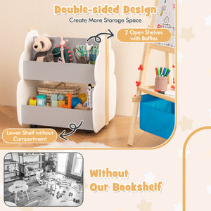 Kids wooden bookshelf on wheels, white finish, perfect for organizing bedding and sleep essentials. Angle 16 view.