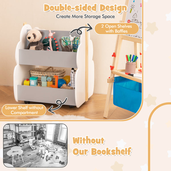 Kids wooden bookshelf on wheels, white finish, perfect for organizing bedding and sleep essentials. Angle 16 view.