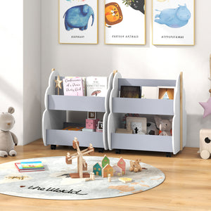 Kids wooden bookshelf with universal wheels in white, angled view, perfect for bedding and sleep organization.