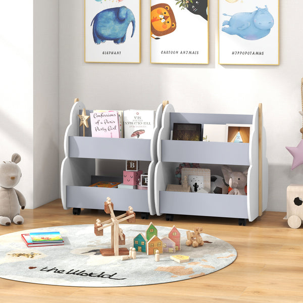Kids wooden bookshelf with universal wheels in white, angled view, perfect for bedding and sleep organization.