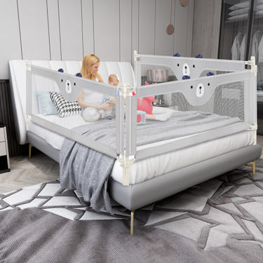 Vertical lifting baby bedrail guard with double safety child lock for secure sleep. Ideal for toddlers transitioning to beds.