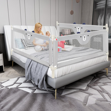 Vertical lifting baby bedrail guard with double safety child lock for secure sleep. Ideal for toddlers transitioning to beds.