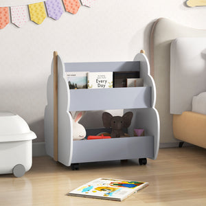 Kids wooden bookshelf on wheels, white finish, perfect for bedding & sleep organization. Angle 9 view.