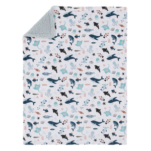 Explore Dream Discover Light Blue, Navy, Gray and Coral Super Soft Sherpa Baby Blanket