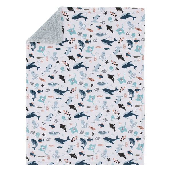Explore Dream Discover Light Blue, Navy, Gray and Coral Super Soft Sherpa Baby Blanket