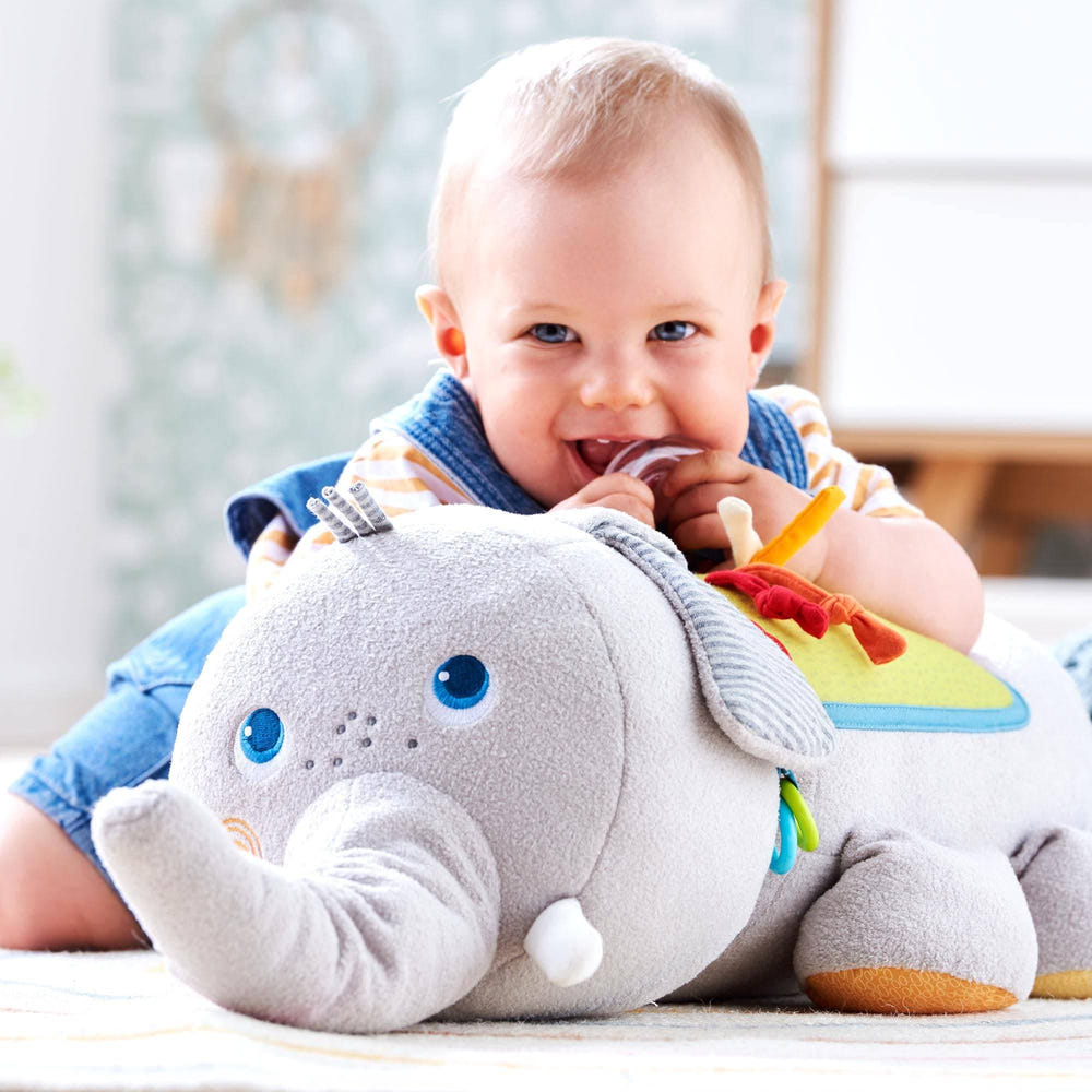 Soft Elephant Discovery Pillow for babies, perfect for nursery decor and comfort.
