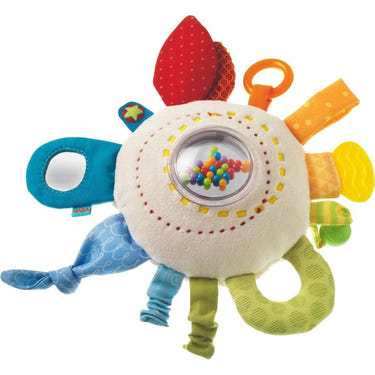 Cuddly Rainbow Round Activity Toy teether for babies, promoting sensory play and soothing relief for teething infants.