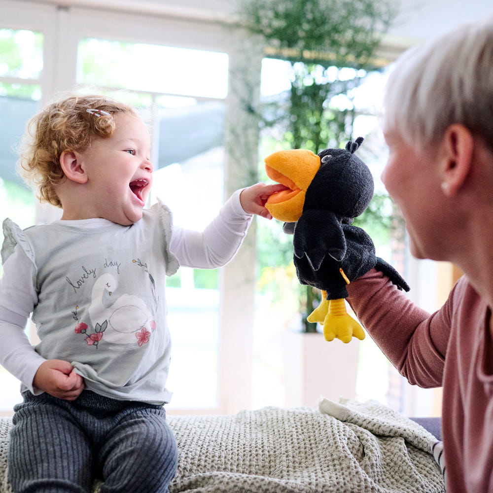 Theo the Raven Glove Puppet - a playful and engaging puppet for imaginative storytelling and theater fun.