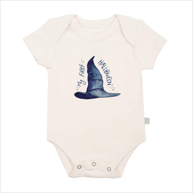 Graphic bodysuit with "My First Halloween" hat for babies, perfect for festive celebrations.