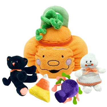 Halloween Stuffed Pumpkin Playset with 4 sensory toys for babies, perfect for festive playtime fun!