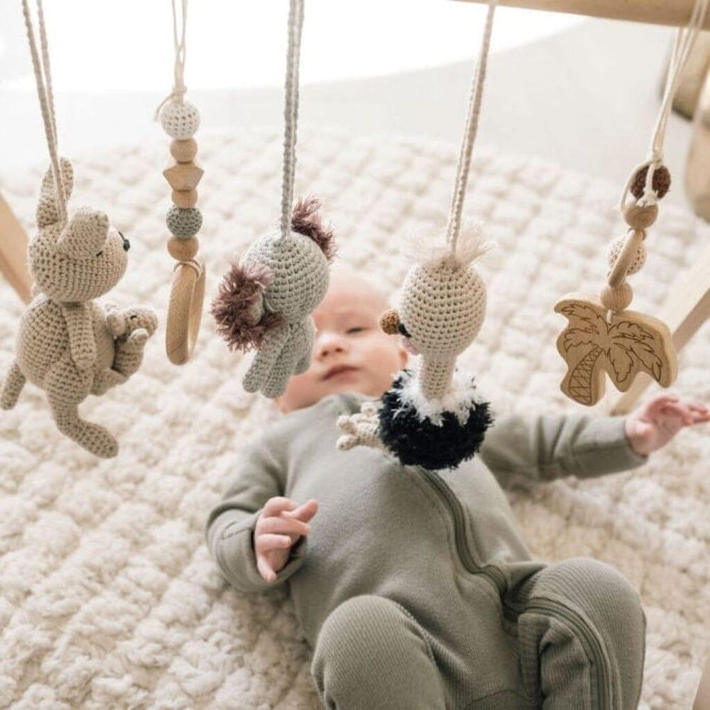 Handmade crochet toys for baby gym featuring Australian friends, perfect for playful and safe baby playtime.
