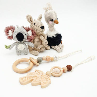 Handmade crochet toys for baby gym featuring Australian friends, perfect for playful and safe baby playtime.