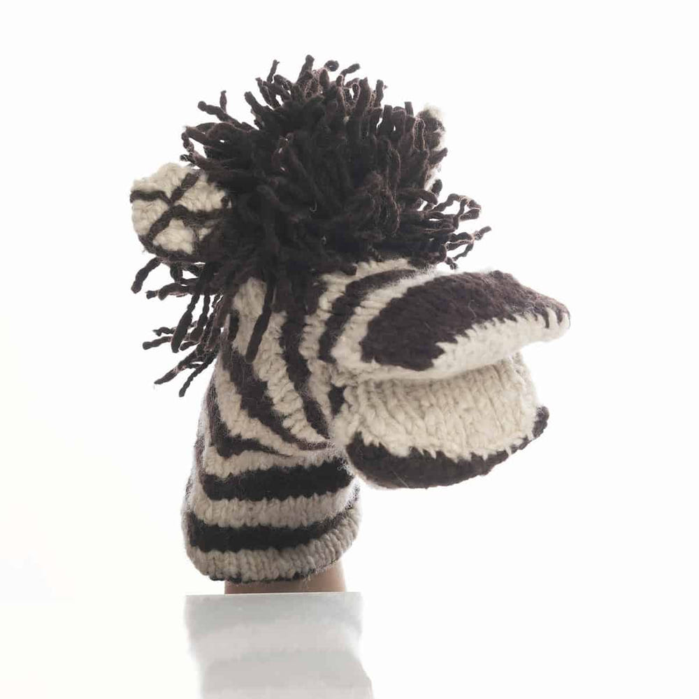 Organic wool knit hand puppet of Zachary the Zebra, perfect for playtime and imaginative fun.