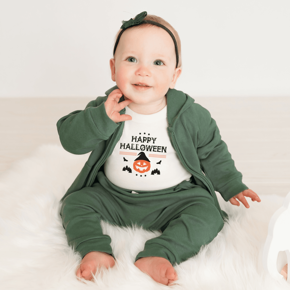 Baby graphic bodysuit featuring a cute Halloween pumpkin design, perfect for festive celebrations.