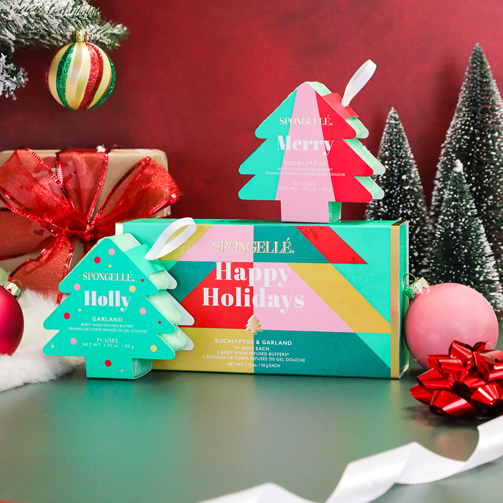 Happy Holidays Holiday Tree Gift Set - Body Wash Infused Buffer for a festive bathing experience.