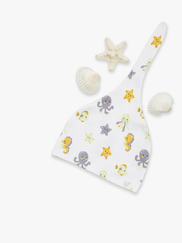 Organic Cotton Knotted Hat in Let's Sea design - perfect for newborns, soft and stylish baby accessory.