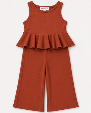 Hattie Peplum Top Two-Piece Wide Leg Set - Copper Ember