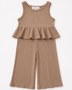 Hattie Peplum Top Two-Piece Wide Leg Set - Oatmilk