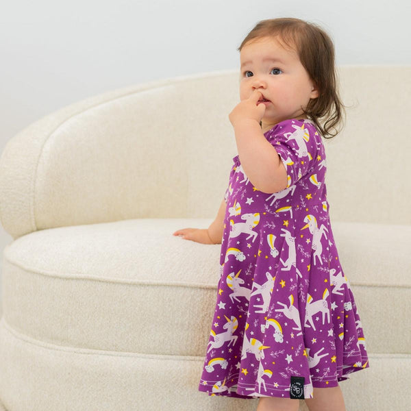 Swirly Girl Short Sleeve Dress - Grecian Unicorn Purple