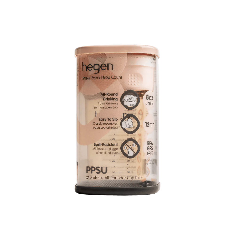 Hegen PCTO™ 240ml Pink All-Rounder Sippy Cup for babies 12 months and up, made from durable PPSU material.