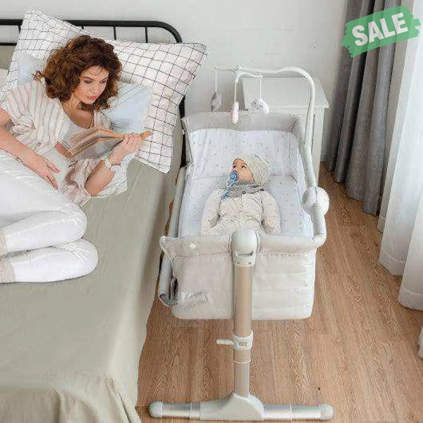 Height Adjustable Baby Side Crib with Music Box & Toys-Light Gray Dark Gray Bassinets & Bedside Sleepers