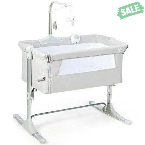 Height Adjustable Baby Side Crib with Music Box & Toys-Light Gray Dark Gray Bassinets & Bedside Sleepers