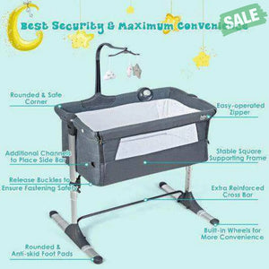 Height Adjustable Baby Side Crib with Music Box & Toys-Light Gray Dark Gray Bassinets & Bedside Sleepers
