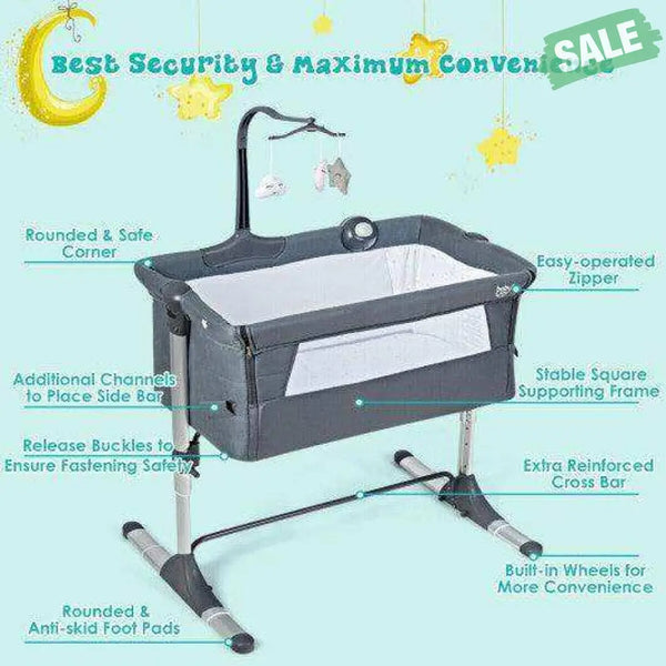 Height Adjustable Baby Side Crib with Music Box & Toys-Light Gray Dark Gray Bassinets & Bedside Sleepers