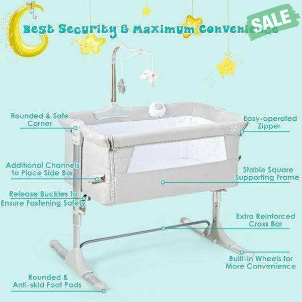 Height Adjustable Baby Side Crib with Music Box & Toys-Light Gray Dark Gray Bassinets & Bedside Sleepers