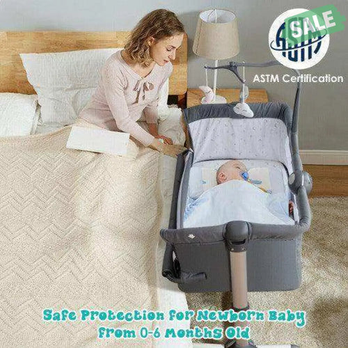 Height Adjustable Baby Side Crib with Music Box & Toys-Light Gray Dark Gray Bassinets & Bedside Sleepers