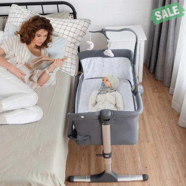 Height Adjustable Baby Side Crib with Music Box & Toys-Light Gray Dark Gray Bassinets & Bedside Sleepers